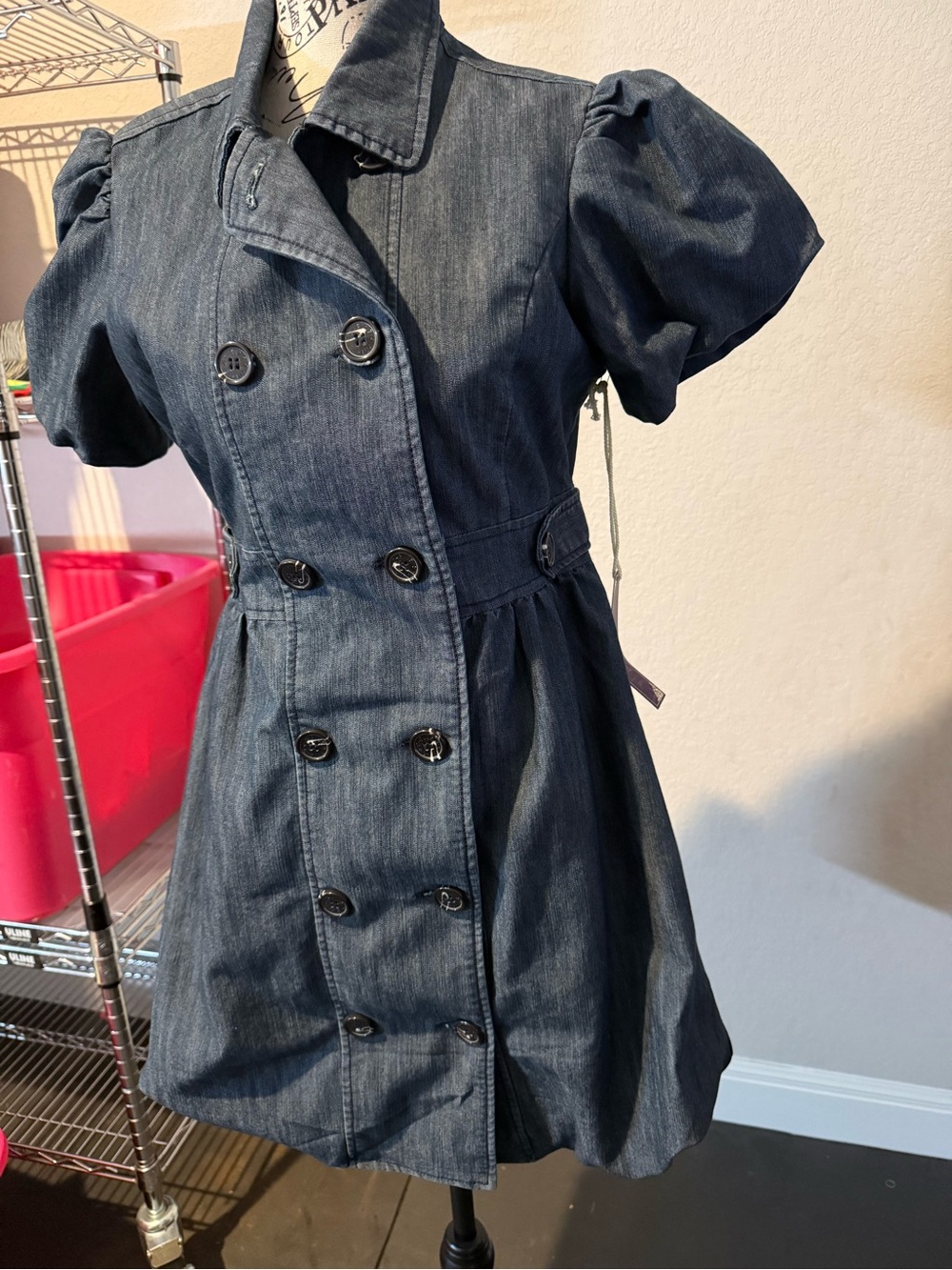 Denim Trench Dress L Puff Sleeve Double Breasted Y2K NWT